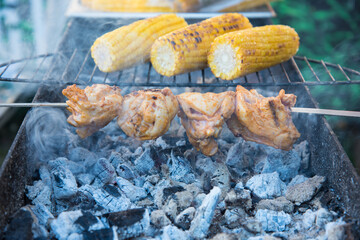 Chunks of meat and corn on hot coals. BBQ. Cooking in nature, in the field. Healthy diet.