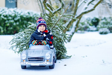 Funny little smiling kid boy driving toy car with Christmas tree.