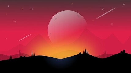 vector illustration of a sunset landscape