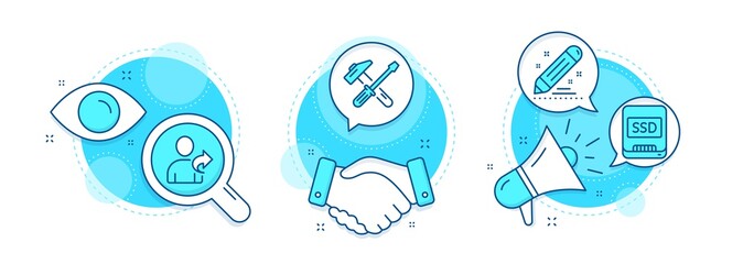 Refer friend, Ssd and Brand contract line icons set. Handshake deal, research and promotion complex icons. Hammer tool sign. Share, Memory disk, Edit report. Repair screwdriver. Vector
