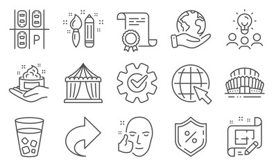 Set of Business icons, such as Healthy face, Cogwheel. Diploma, ideas, save planet. Creativity, Circus tent, Internet. Share, Skin care, Loan percent. Architect plan, Sports stadium, Ice tea. Vector