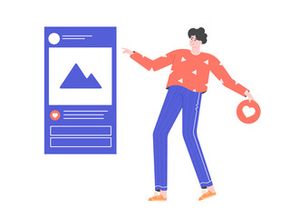 The man is scrolling through the feed on the social network. Likes blogger post. Internet content and comments. Vector flat illustration.