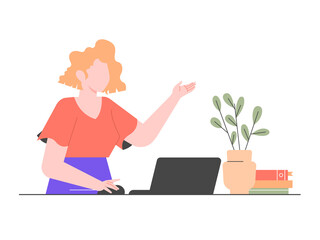 Cute female character with laptop. Freelance work, online meeting, remote project management. Vector flat illustration.