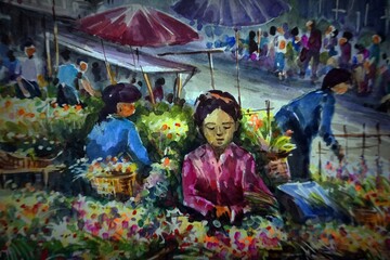 Fototapeta na wymiar Art watercolor painting , flower market thailand , design , background from thailand