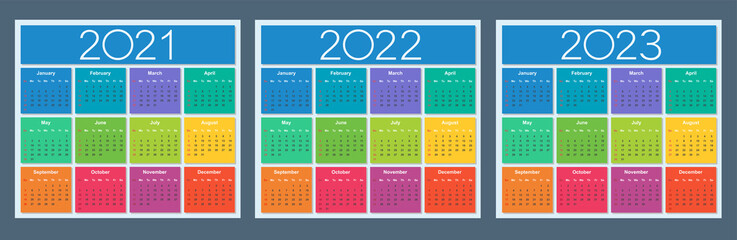 Colorful calendar for 2021, 2022 and 2023 years. Week starts on Sunday. Isolated vector illustration.