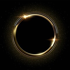 Golden round metal circle rings with sparkles background. Shining abstract frame. Yellow shiny circular lines. Modern futuristic graphic vector illustration. Flares glowing effect