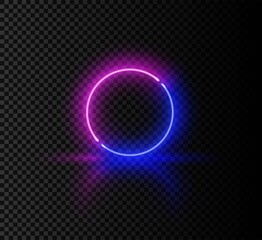Realistic glossy pink and blue neon round frame. Soft light effect blank template isolated on black background. Vector illustration of glow laser circle shape, futuristic design. - obrazy, fototapety, plakaty