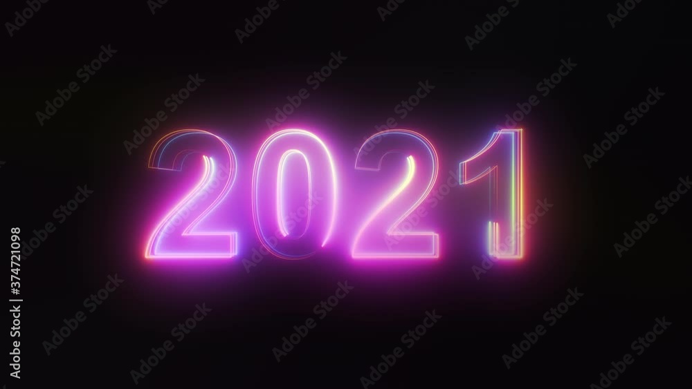 Poster 3d rendering background with multi-colored neon text 2021 on black. computer generated bright festiv