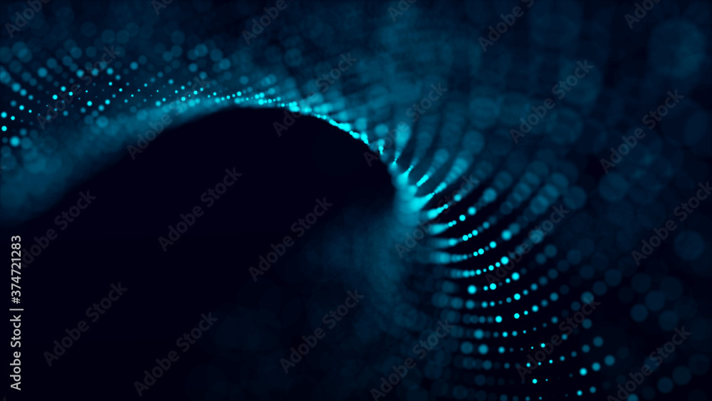 Poster Digital technology. Futuristic background of glowing particles in motion. Large amount of data. 3D rendering.