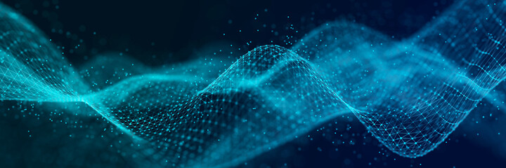 Abstrakter Technologie-Stream-Hintergrund. Digitale dynamische Punktwelle. Struktur der Netzwerkverbindung. 3D-Rendering.