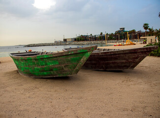 Boats on the La Mer beach in Jumeirah area, Dubai, UAE.
