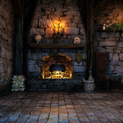 Fantasy Witch Cottage Interior, 3D illustration, 3D rendering
