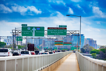 Traffic jam on Rochambeau Memorial Bridge from Arlington Virginia to Washington District Columbia