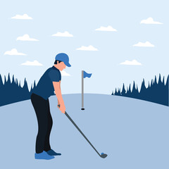 a man training golf on the sunny day - two tone flat illustrations