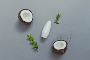 Natural face cosmetics with herbal lotion, coconut on a gray background top view. Natural organic beauty product concept
