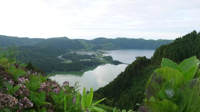 seven cities lake inactive volcano azores sao miguel portugal slow motion 4k	
