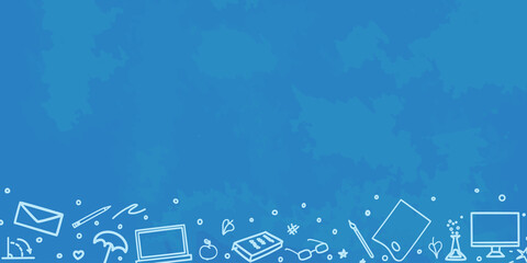 School chalkboard. Sketchy background with hand drawn school supplies. Education concept