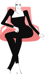 Young woman sitting in pink chair. Hand-drawn fashion illustration. Vector