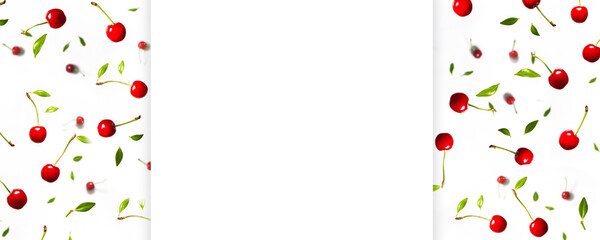 Organic cherry berry with green leaves levitating on white background. Berry summer background. Flat lay, top view, copy space