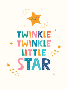 Hand drawn lettering Twinkle Twinkle Little Star for print, clothes, greeting card, children's room decor. Kids print. Letting little star and stars in the Scandinavian style. Vector illustration.