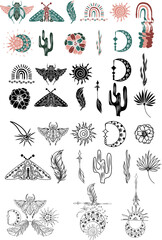 Clipart of hand drawn bohemian silhouette for decoration with bug, sun, rainbow. Set of Colorful Boho chic design with cactus, arrow. Outline vector set of ethnic element, indian object, symbol
