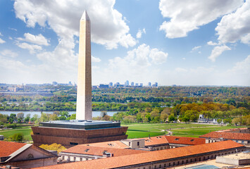 National mall Washington Monument obelisk over Arlington and Potomac river view from above