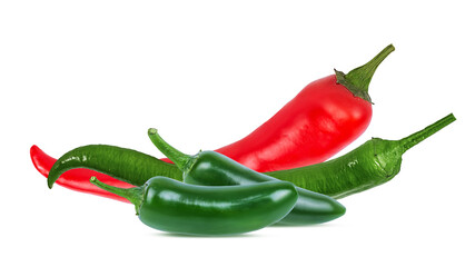Red and green hot chil peppers isolated on white background