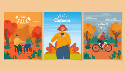Set of cute autumn vector illustration in flat style. Templates for card, poster, flyer, banner or other