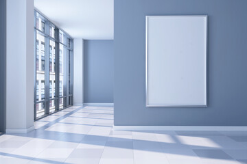Minimalistic office interior with empty banner. Mock up template for your design. 3d rendering