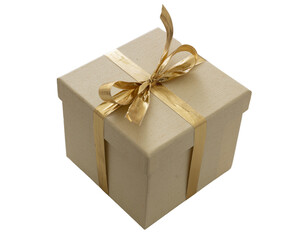 Beige closed gift box with gold color ribbon isolated on white background.