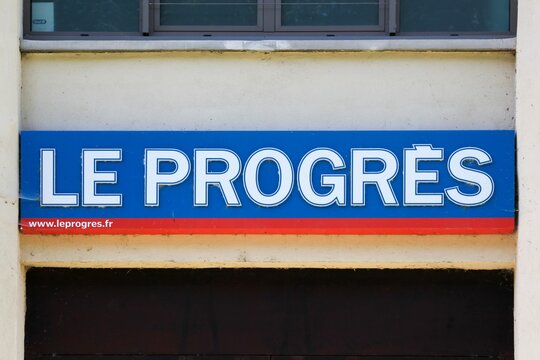 Tarare, France - May 31, 2020: Le Progres logo on a wall. Le Progres is a regional daily newspaper which is based in Lyon, Rhone
