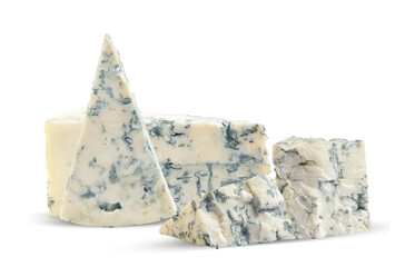 small pieces of cheese with mold on a white background