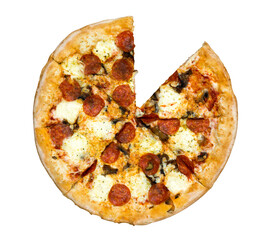 Fresh tasty pizza with pepperoni, cheese and mushrooms isolated on white background without one slice. Top view