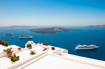 White architecture on Santorini island, Greece. Summer landscape, sea view. Travel destinations concept
