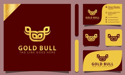 Golden head bull mascot luxury logos design vector illustration with line art style vintage, modern company business card template