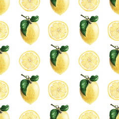 Watercolor seamless pattern with ripe yellow lemons