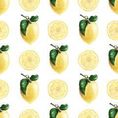 Watercolor seamless pattern with ripe yellow lemons