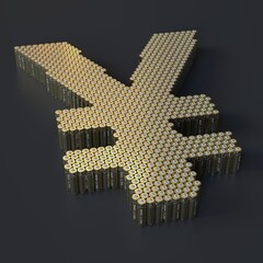 Yen sign made with many batteries. Modern technologies related 3d rendering