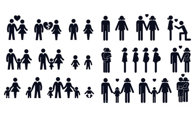 Love and family life black & white icon set 
