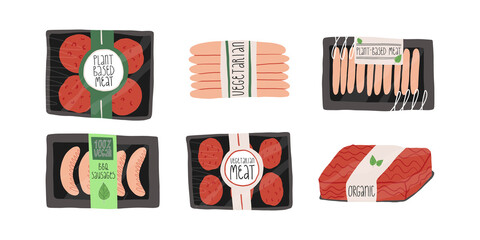 Packs of meat healthy alternative for vegetarians or vegans. Organic, plant-based patty melt, barbecue sausages, mince.