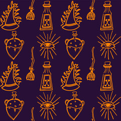 Fototapeta na wymiar Halloween pattern with doodle vector element as crosses, graves, spider net, magic poison, witch broom, moon and etc. Background about esotericist and magic. 