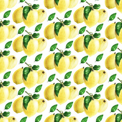 Watercolor seamless pattern with ripe yellow lemons
