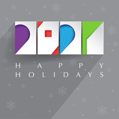 Colorful, contemporary design. Four color blocks and white paper 2021 cut-outs on gray background with long shadow. Happy Holidays. New 2021 year. 