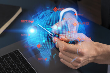 Businessman using phone. World map hologram. Multiexposure. International business concept.