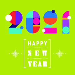 2021 new year Greetings. Very colorful, playful, contemporary design on bright green background. Vector illustration.