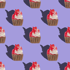 Seamless pattern big cupcakes silhouettes, muffin sweet white cake and red painted with gouache on purple. Texture with sweets for desktop wallpaper or culinary blog website. junk food concept.