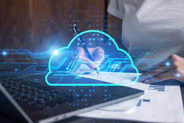 Woman signs agreement. Cloud it hologram. Double exposure . Data storage concept.