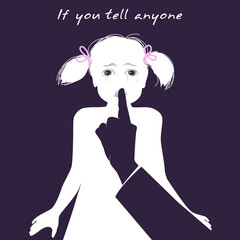 Unhappy scared little girl. Her eyes filled with tears. Man&rsquo;s hand covers her mouth. Stop abuse and violence against children concept.