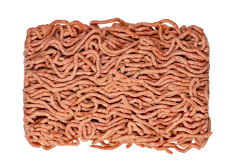 Vegan ground meat from above, isolated on white background. Substitute for minced meat based on pea protein, driven through the meat grinder, with onions. Meat alternative. Close-up, macro food photo.