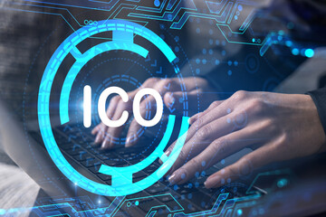 Businesswoman typing on computer in office. ICO icon hologram. Double exposure.